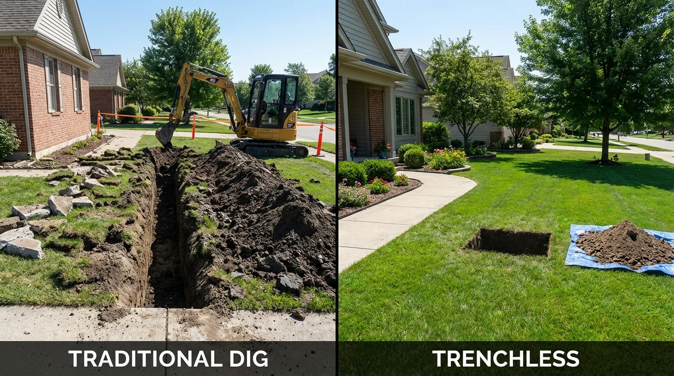 Trenchless sewer repair with minimal yard damage versus traditional excavation in Marengo, IL