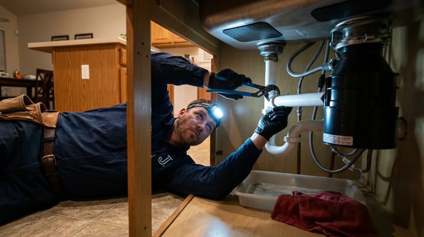 P-trap and supply line connections under a kitchen sink showing a common leak point in Marengo, IL